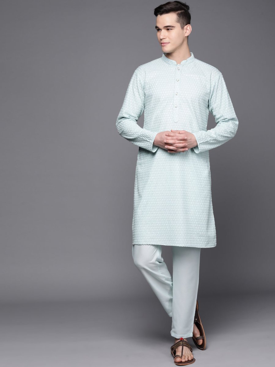 Ethnic Motifs Embroidered Chikankari Kurta with Trousers - Inddus.com