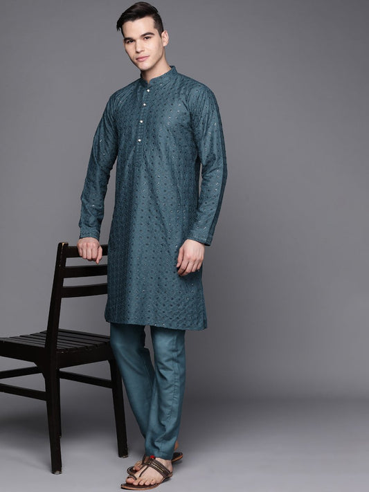 Ethnic Motifs Embroidered Chikankari Kurta with Trousers - Inddus.com