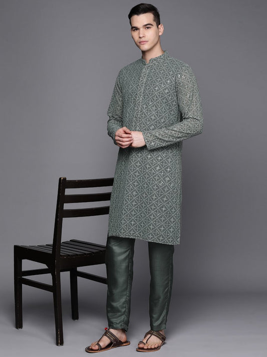 Ethnic Motifs Embroidered Chikankari Kurta with Trousers - Inddus.com