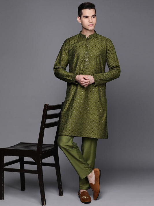 Ethnic Motifs Embroidered Chikankari Kurta with Trousers - Inddus.com