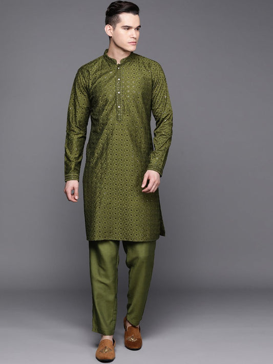 Ethnic Motifs Embroidered Chikankari Kurta with Trousers - Inddus.com