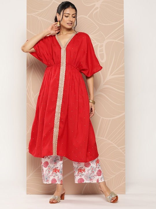 Ethnic Motifs Embroidered Empire Sequinned Kurta With Palazzos - Inddus.com