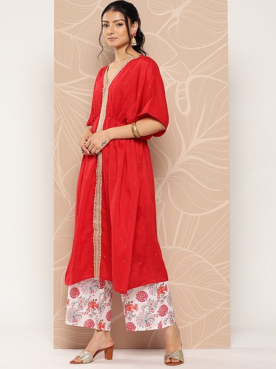 Ethnic Motifs Embroidered Empire Sequinned Kurta With Palazzos - Inddus.com