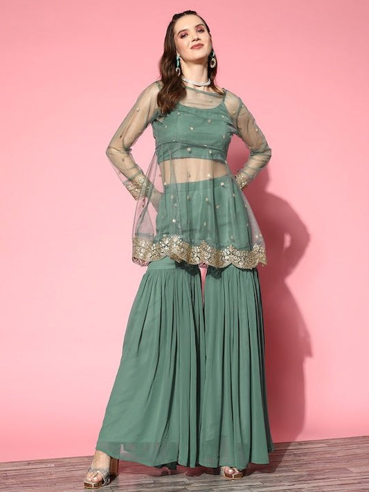 Ethnic Motifs Embroidered Kurti With Sharara - Inddus.com