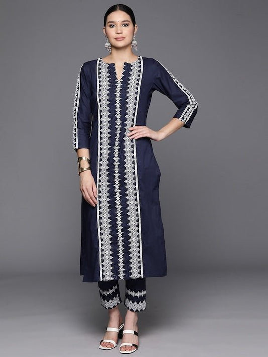 Ethnic Motifs Embroidered Regular Chikankari Kurta with Trousers - Inddus.com