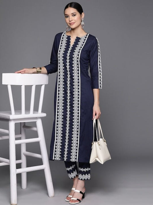 Ethnic Motifs Embroidered Regular Chikankari Kurta with Trousers - Inddus.com