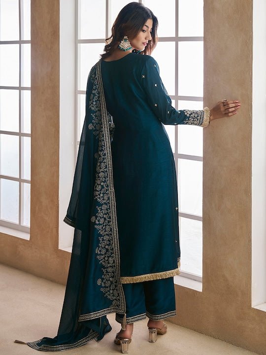 Ethnic Motifs Embroidered Regular Kurta with Palazzos & Dupatta - Inddus.com