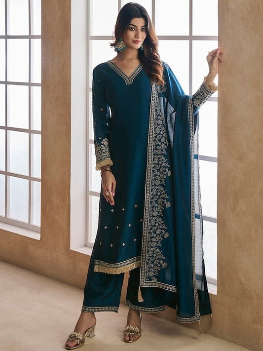 Ethnic Motifs Embroidered Regular Kurta with Palazzos & Dupatta - Inddus.com