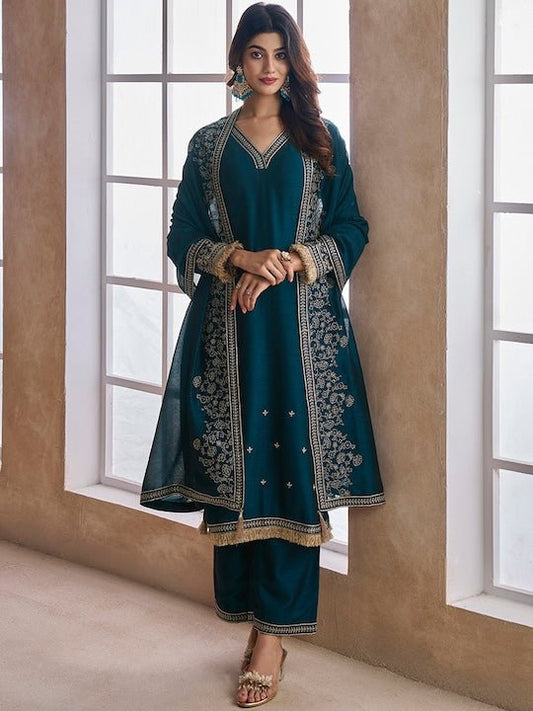 Ethnic Motifs Embroidered Regular Kurta with Palazzos & Dupatta - Inddus.com