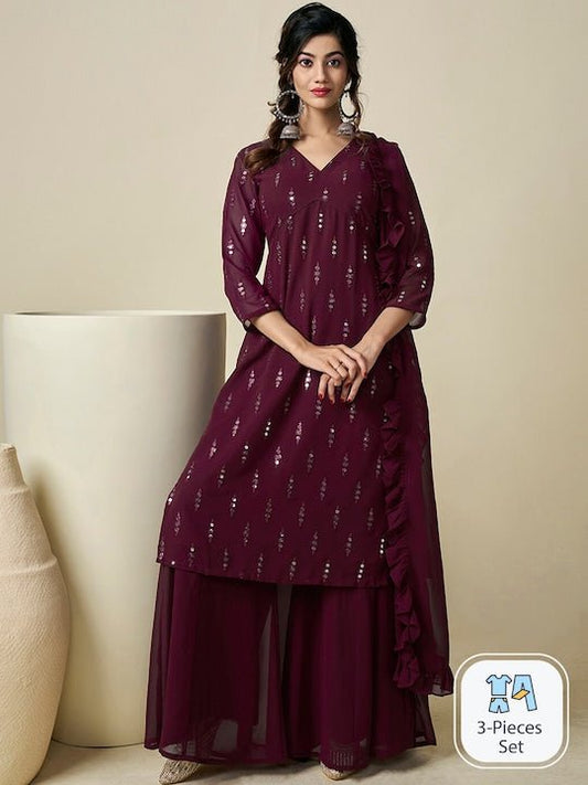 Ethnic Motifs Embroidered Regular Sequinned Kurta With Palazzos & With Dupatta - Inddus.com