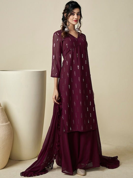 Ethnic Motifs Embroidered Regular Sequinned Kurta With Palazzos & With Dupatta - Inddus.com