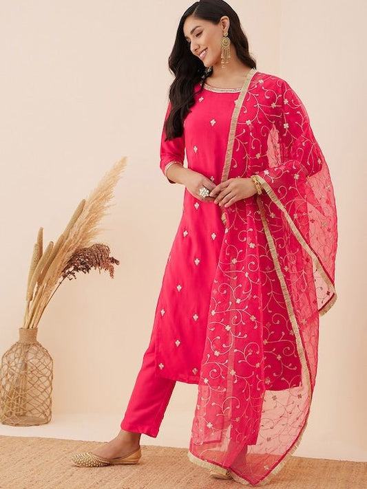 Ethnic Motifs Embroidered Regular Sequinned Kurta With Trousers & Dupatta - Inddus.com