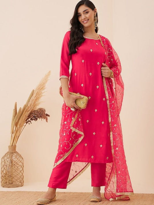 Ethnic Motifs Embroidered Regular Sequinned Kurta With Trousers & Dupatta - Inddus.com