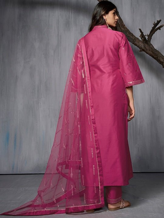 Ethnic Motifs Embroidered Regular Sequinned Pure Silk Kurta with Trousers & Dupatta - Inddus.com