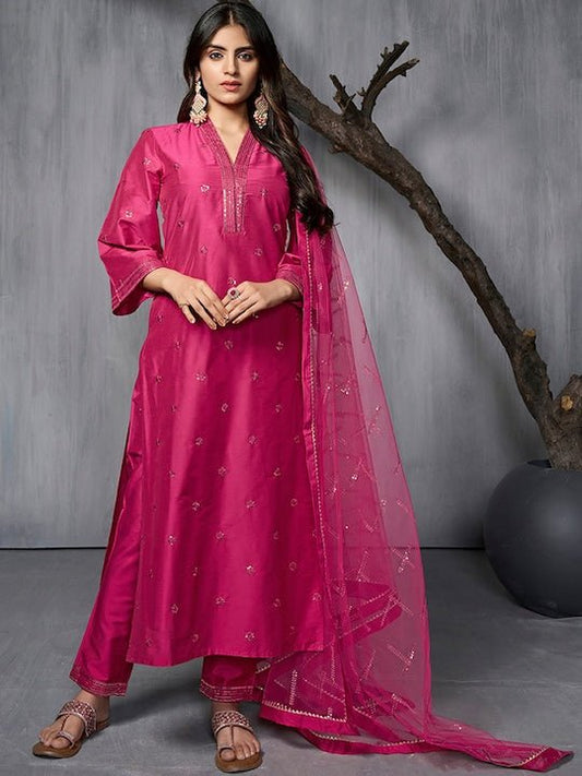 Ethnic Motifs Embroidered Regular Sequinned Pure Silk Kurta with Trousers & Dupatta - Inddus.com