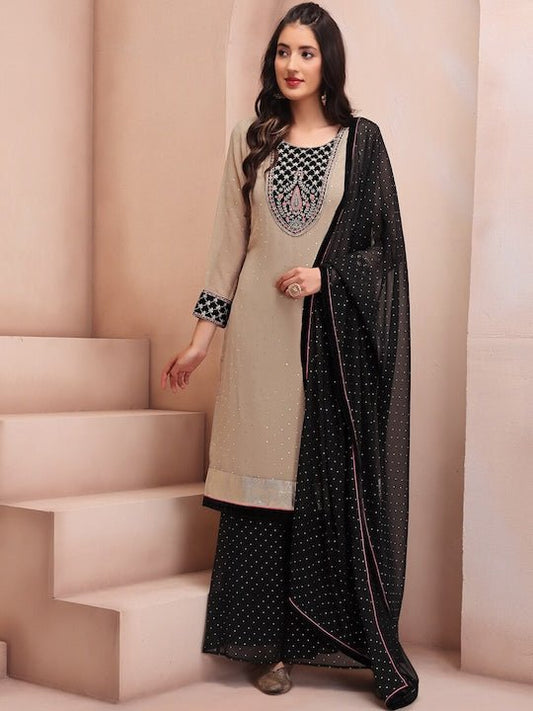 Ethnic Motifs Embroidered Round Neck Kurta & Palazzos with Dupatta - Inddus.com