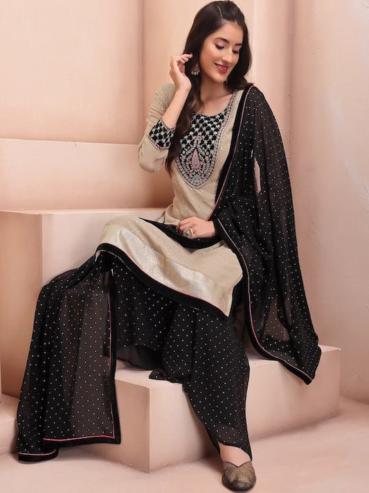 Ethnic Motifs Embroidered Round Neck Kurta & Palazzos with Dupatta - Inddus.com