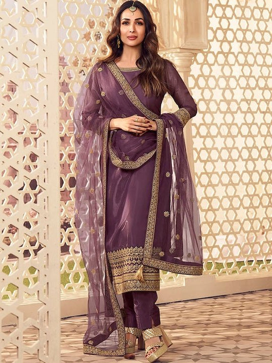 Ethnic Motifs Embroidered Round Neck Zari Kurta Set With Dupatta - Inddus.com