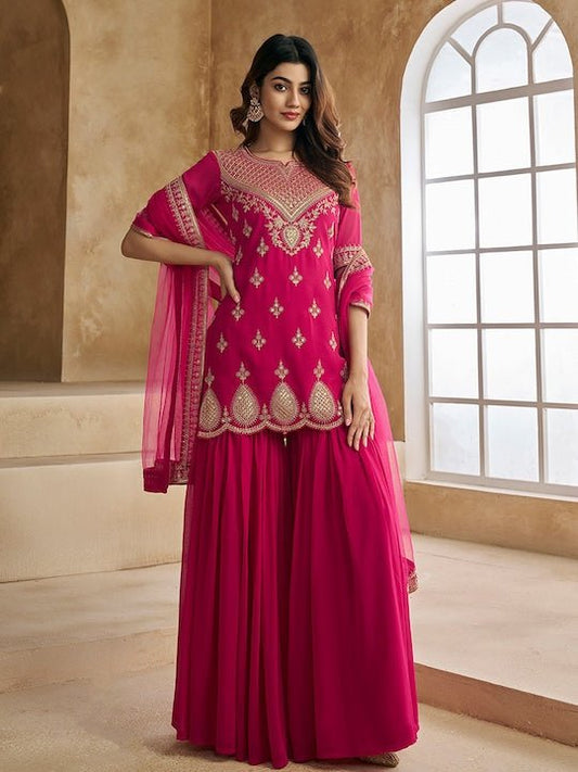 Ethnic Motifs Embroidered Sequinned Scalloped Kurti with Sharara & Dupatta - Inddus.com