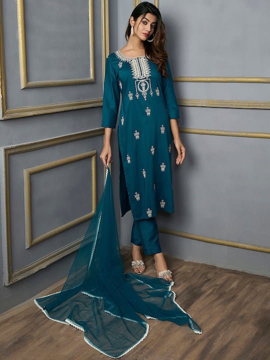 Ethnic Motifs Embroidered Thread Work Kurta with Trousers & With Dupatta - Inddus.com