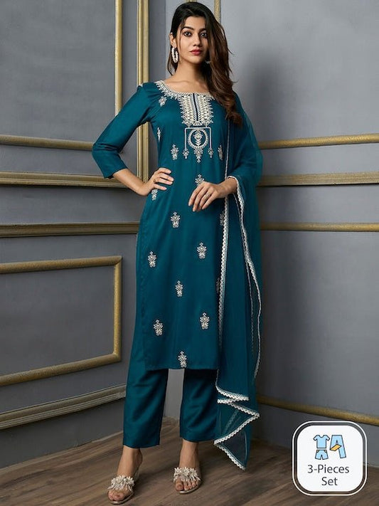 Ethnic Motifs Embroidered Thread Work Kurta with Trousers & With Dupatta - Inddus.com