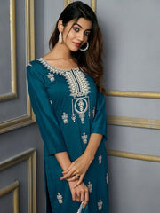 Ethnic Motifs Embroidered Thread Work Kurta with Trousers & With Dupatta - Inddus.com