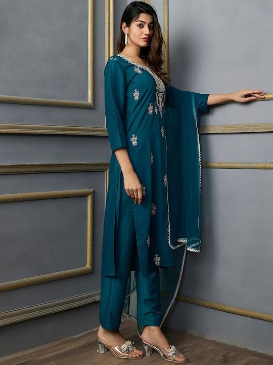 Ethnic Motifs Embroidered Thread Work Kurta with Trousers & With Dupatta - Inddus.com