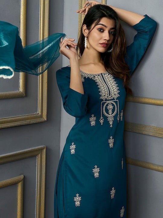 Ethnic Motifs Embroidered Thread Work Kurta with Trousers & With Dupatta - Inddus.com