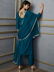 Ethnic Motifs Embroidered Thread Work Kurta with Trousers & With Dupatta - Inddus.com