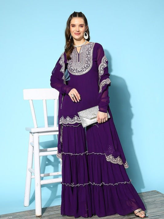 Ethnic Motifs Embroidered Thread Work Kurti With Sharara & With Dupatta - Inddus.com