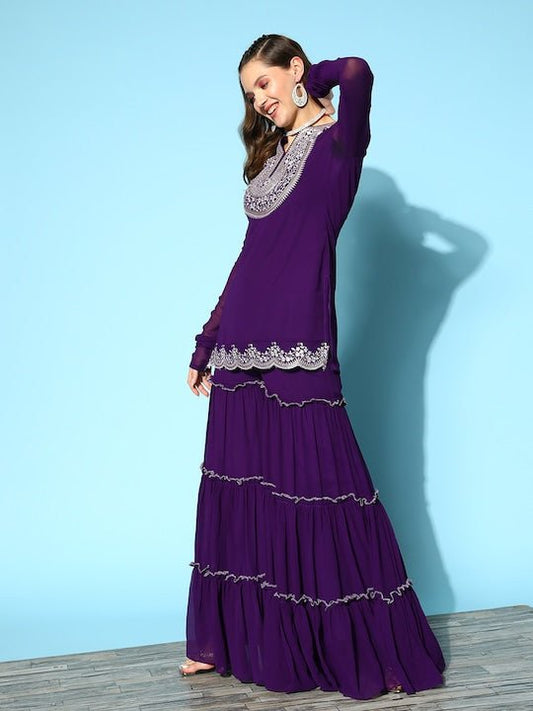 Ethnic Motifs Embroidered Thread Work Kurti With Sharara & With Dupatta - Inddus.com