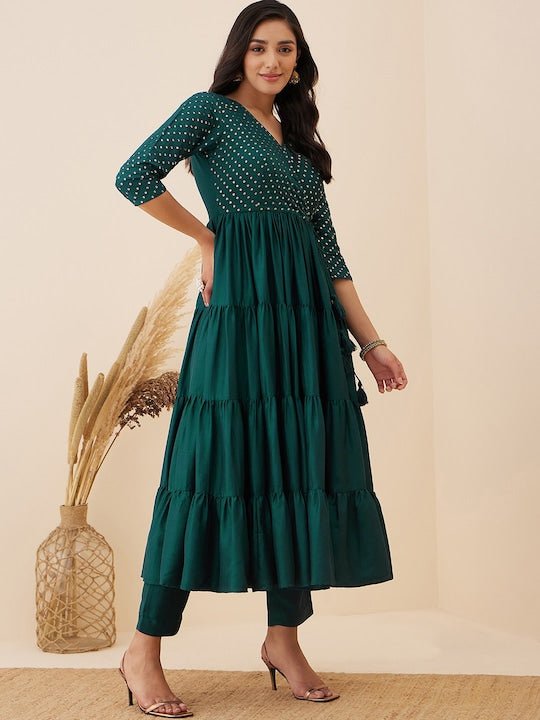 Ethnic Motifs Embroidered Tiered Sequinned Anarkali Kurta with Trousers - Inddus.com