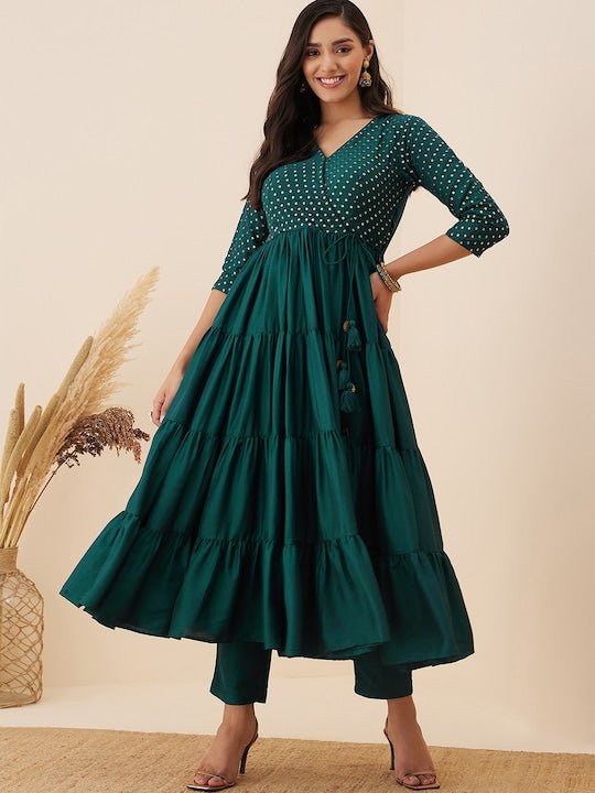 Ethnic Motifs Embroidered Tiered Sequinned Anarkali Kurta with Trousers - Inddus.com