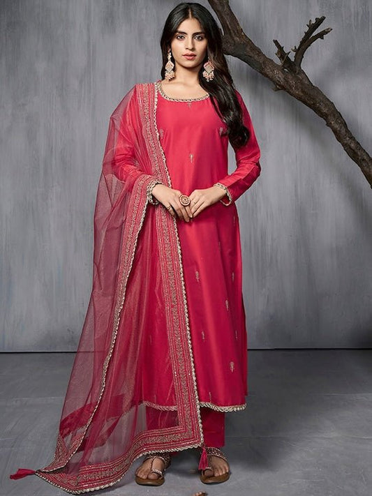 Ethnic Motifs Embroidered Zari Regular Pure Silk Kurta with Trousers & With Dupatta - Inddus.com