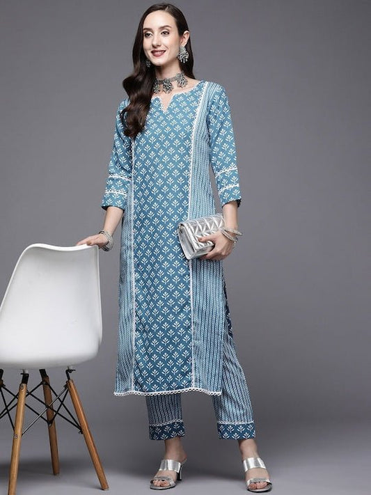 Ethnic Motifs Floral Printed Kurta with Trousers - Inddus.com