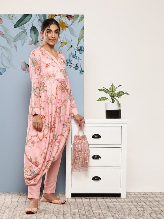 Ethnic Motifs Printed Angrakha Gotta Patti Kurta With Trousers - Inddus.com