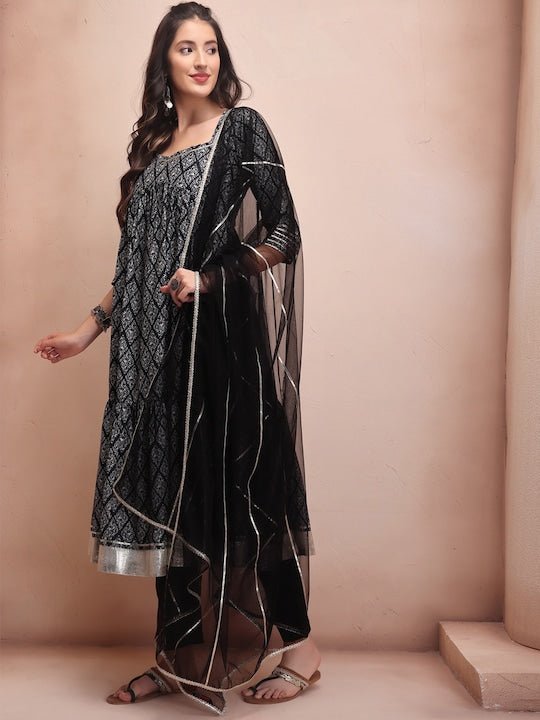 Ethnic Motifs Printed Gotta Patti A-Line Kurta With Trousers & Dupatta - Inddus.com