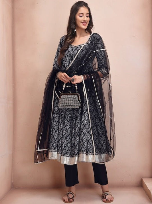 Ethnic Motifs Printed Gotta Patti A-Line Kurta With Trousers & Dupatta - Inddus.com