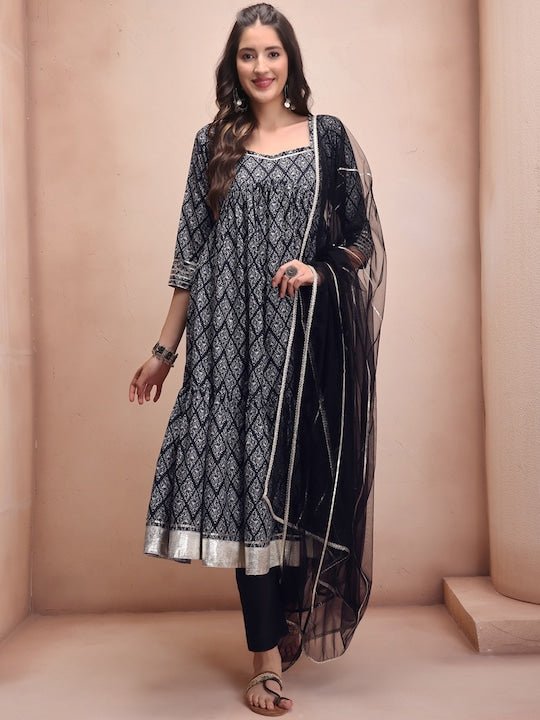 Ethnic Motifs Printed Gotta Patti A-Line Kurta With Trousers & Dupatta - Inddus.com