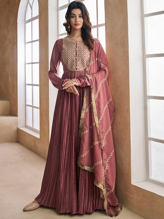 Ethnic Motifs Sequinned Embroidered Pleated Kurta With Dupatta - Inddus.com