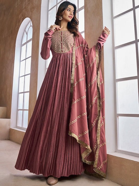 Ethnic Motifs Sequinned Embroidered Pleated Kurta With Dupatta - Inddus.com