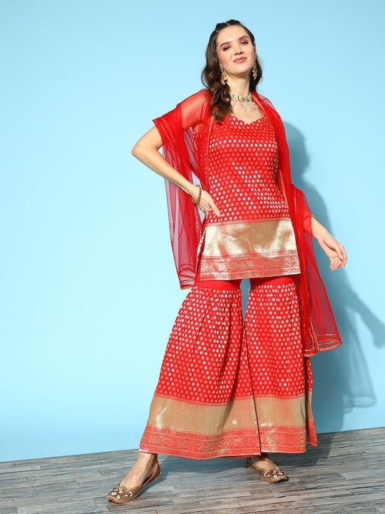 Ethnic Motifs Straight Kurti With Sharara & With Dupatta - Inddus.com