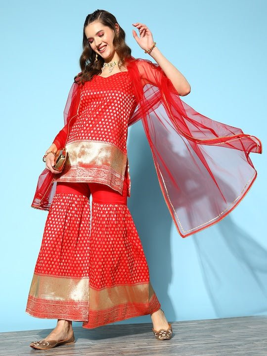 Ethnic Motifs Straight Kurti With Sharara & With Dupatta - Inddus.com