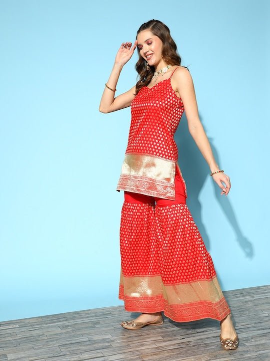 Ethnic Motifs Straight Kurti With Sharara & With Dupatta - Inddus.com