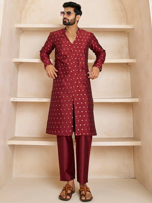 Ethnic Motifs Woven Design Mandarin Collar Kurta with Trousers - Inddus.com