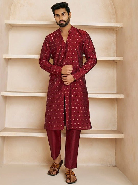 Ethnic Motifs Woven Design Mandarin Collar Kurta with Trousers - Inddus.com