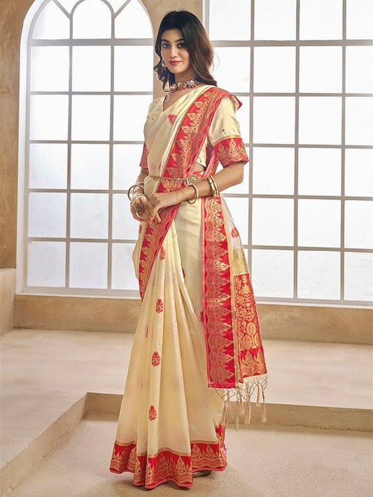 Ethnic Motifs Woven Design Zari Detailed Saree - Inddus.com