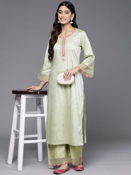 Ethnic Motifs Yoke Design Flared Sleeves Kurta With Palazzos - Inddus.com