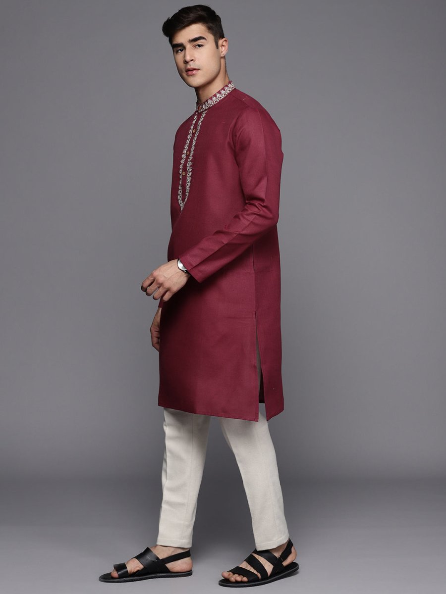 Ethnic Motifs Yoke Design Linen Blend Thread Work Kurta - Inddus.com