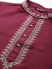 Ethnic Motifs Yoke Design Linen Blend Thread Work Kurta - Inddus.com